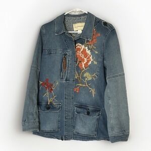 Anthropologie Embroidered Denim Jacket Women's Small Boho Floral Utility Blue